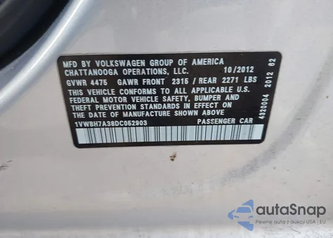 2013 Volkswagen Passat 2.5L Se z USA, uszkodzony, nr VIN 1VWBH7A38DC052903